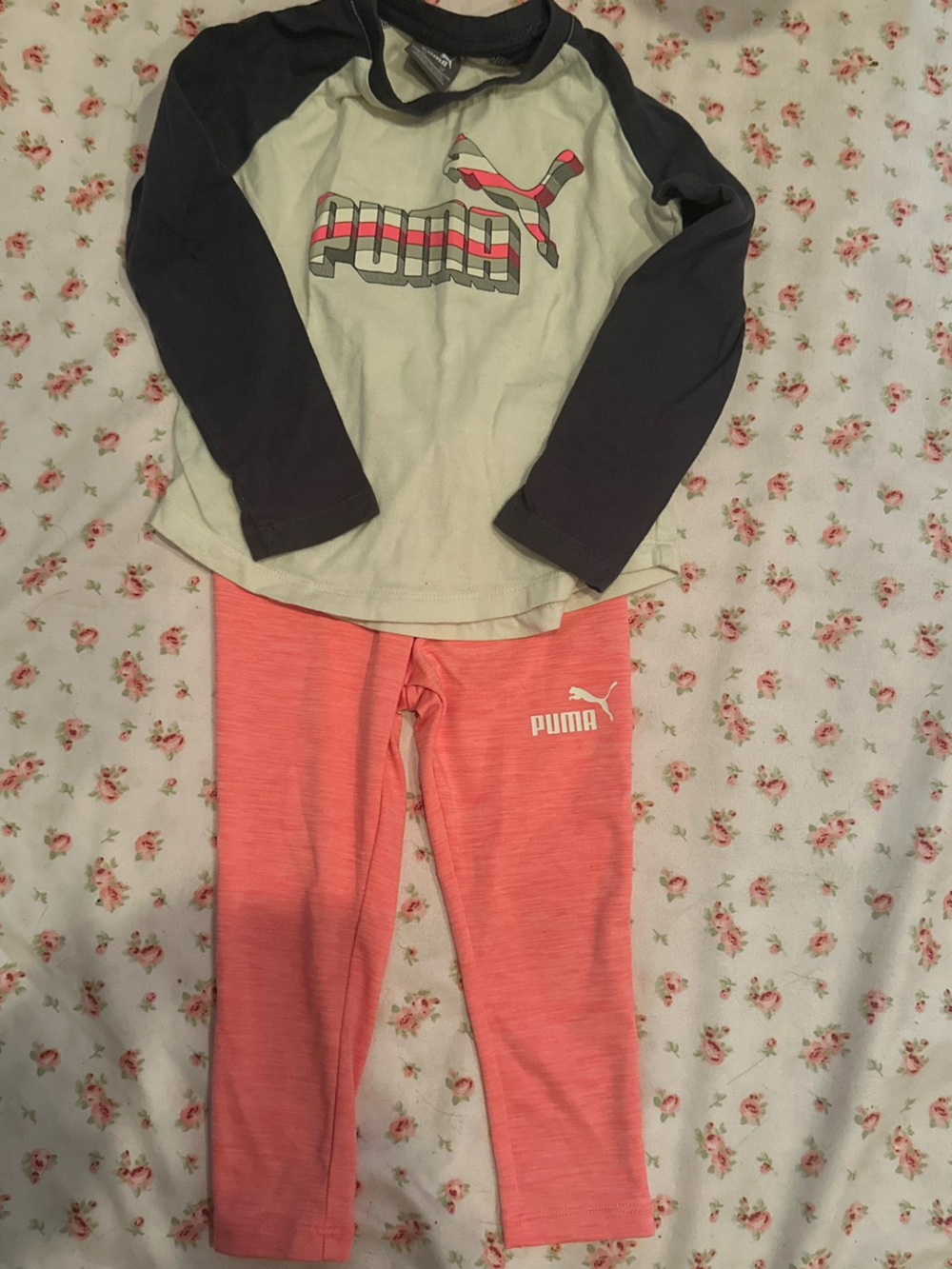 Puma Coral Pink Leggings with Cream and Black Logo Top